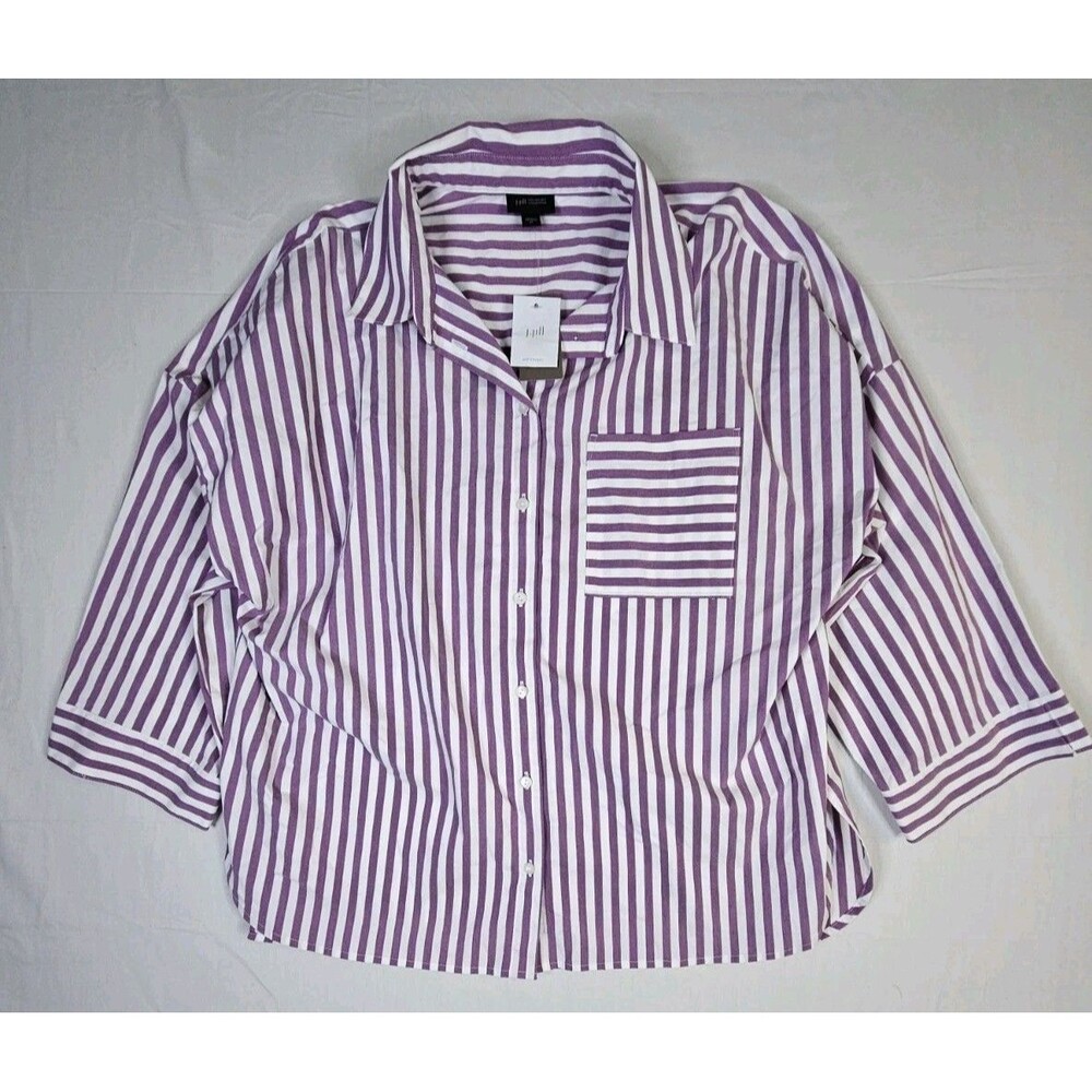 J. Jill Shirt Women’s Sz XL Purple Mulberry White Stripe 3/4 Sleeve Button NEW